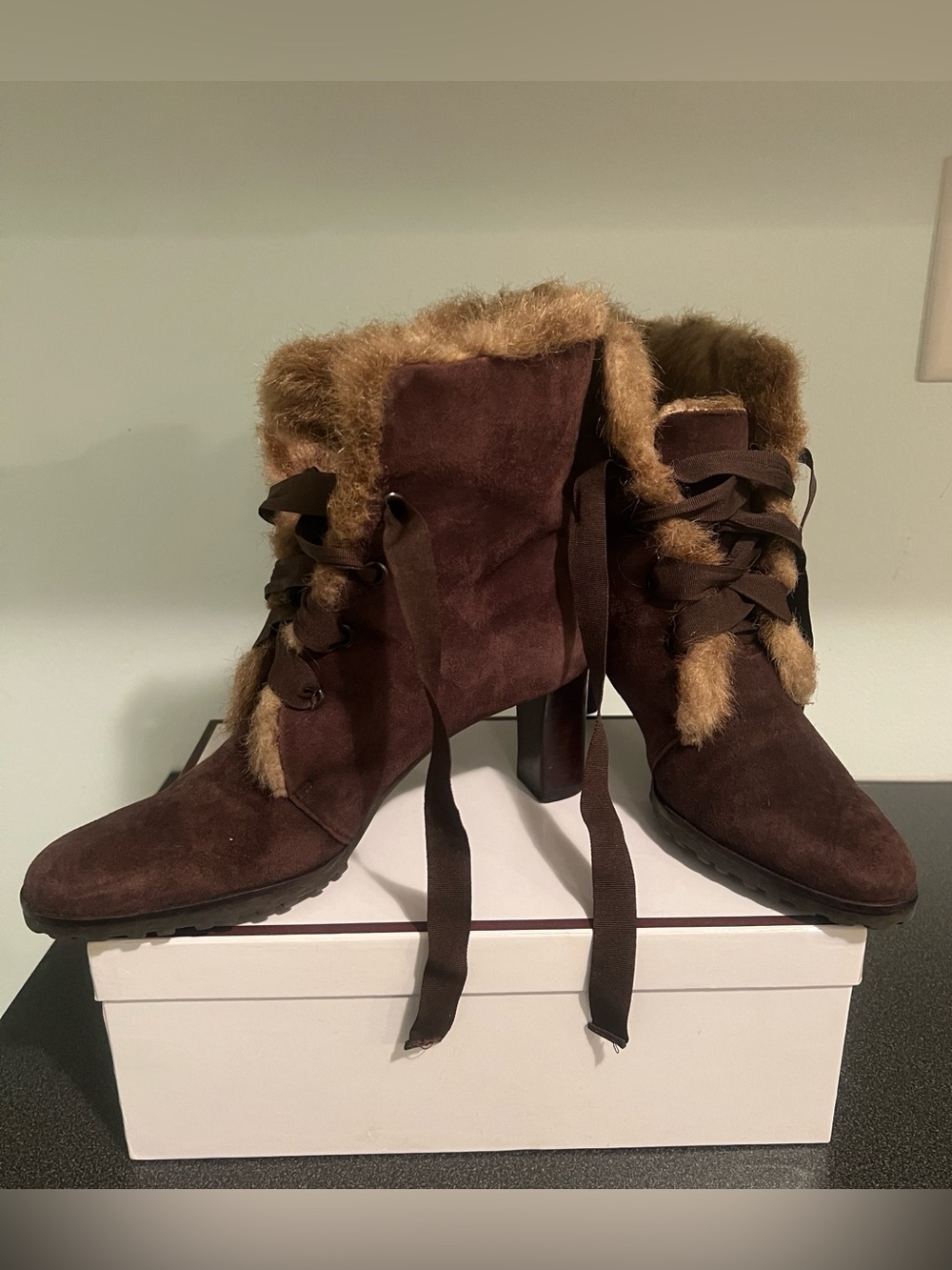 Ann Taylor Loft Dark Brown Suede Lace-Up Faux-Fur Ankle Boots NWOT